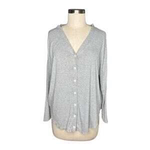YOUNGLA Silver Cloud Cardigan Sweater Button Front V-Neck S/M Gray Ribbed Knit